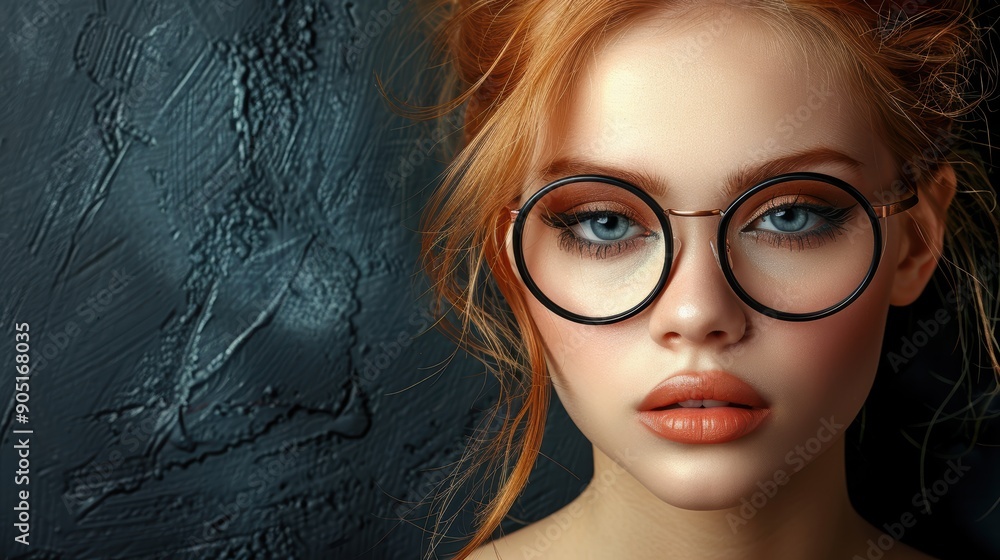 A striking portrait of a young woman with captivating blue eyes, wearing oversized round glasses, and posed against a textured dark background A striking portrait of a young woman with captivating blue eyes, wearing oversized round glasses, and posed against a textured dark background