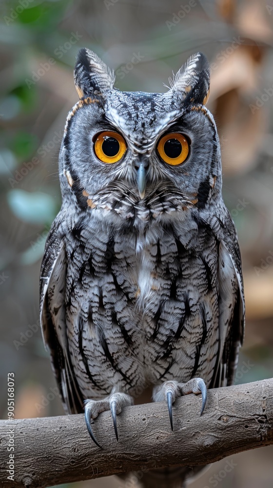 A beautifully detailed close-up photograph of an owl perched on a branch, showing its striking yellow eyes and intricate feather patterns in a natural outdoor setting A beautifully detailed close-up photograph of an owl perched on a branch, showing its striking yellow eyes and intricate feather patterns in a natural outdoor setting