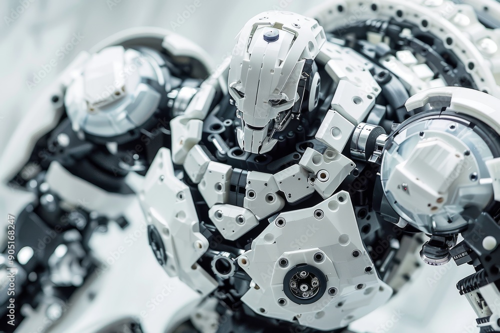 Group of futuristic robots in an assembly line depicting advanced manufacturing and automation technology. Group of futuristic robots in an assembly line depicting advanced manufacturing and automation technology.
