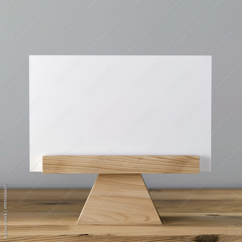 Naklejka premium the horizontal postal card in size of 20x15 is on display on a wooden stand, minimal beechwood stand, white cardboards, simple designs, hyper realistic, minimal, 