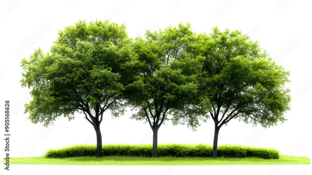Three Lush Green Trees with Grass and Shrubs on White Background Three Lush Green Trees with Grass and Shrubs on White Background