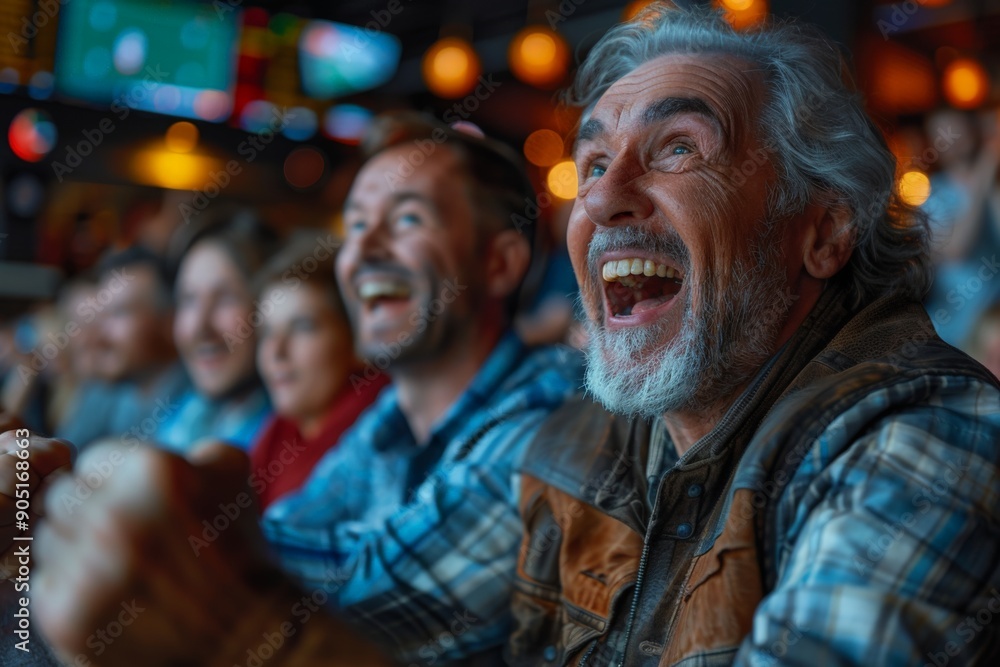 Group of friends watch a sporting event at a bar, laughing and cheering Group of friends watch a sporting event at a bar, laughing and cheering