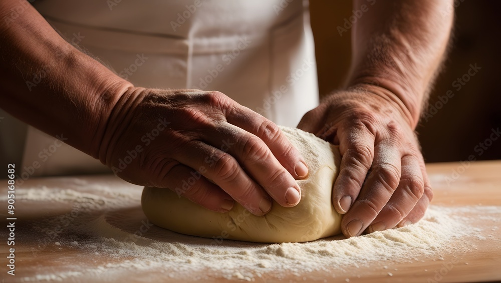 Baker's hands knead raw dough vigorously on floured kitchen table, preparing homemade bread Baker's hands knead raw dough vigorously on floured kitchen table, preparing homemade bread