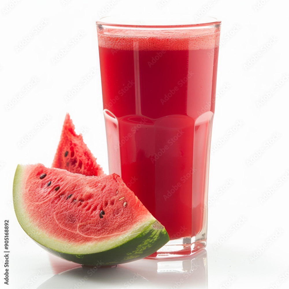 Medium shot of Glass of watermelon juice near the watermelon, isolated on a white background, Medium shot of Glass of watermelon juice near the watermelon, isolated on a white background,