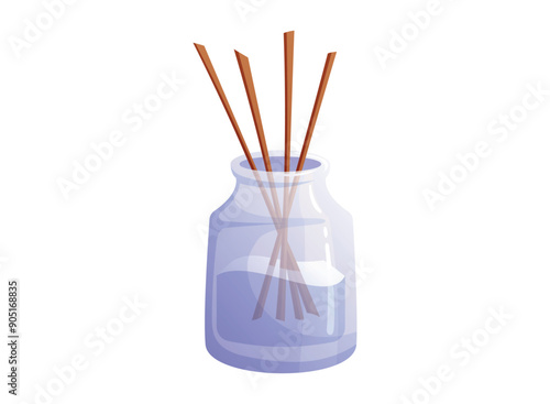 Glass jar, aroma diffuser with wooden sticks. Cozy element for home interior decor. Vector isolated cartoon illustration.