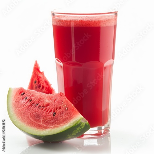 Medium shot of Glass of watermelon juice near the watermelon, isolated on a white background, 