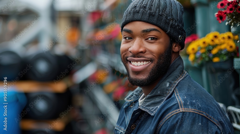 A cheerful individual wearing a beanie and denim jacket smiles warmly against a colorful backdrop of flowers and stacked items in an outdoor setting A cheerful individual wearing a beanie and denim jacket smiles warmly against a colorful backdrop of flowers and stacked items in an outdoor setting