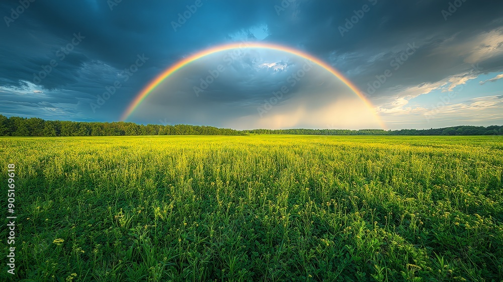 Naklejka premium Tranquil After the Storm - Wide Angle Shot of Vibrant Green Meadow with Rainbow in the Sky
