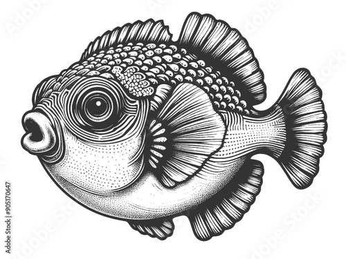 Fugu fish sketch engraving generative ai vector illustration. Scratch board imitation. Black and white image.