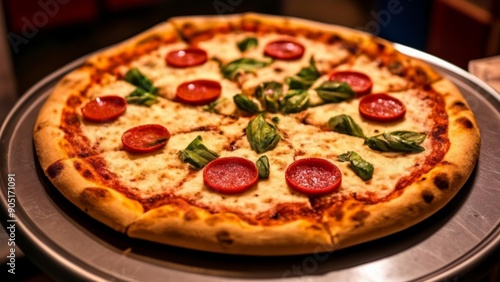 Wallpaper Mural  Freshly baked pepperoni and basil pizza ready to serve Torontodigital.ca