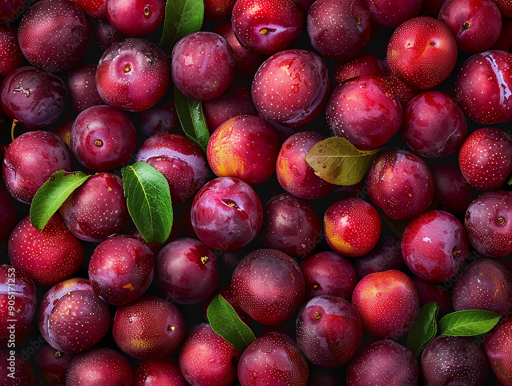 Freshly Harvested Ripe Plums Displayed on a Market Stall Surrounded by Lush Green Leaves Freshly Harvested Ripe Plums Displayed on a Market Stall Surrounded by Lush Green Leaves