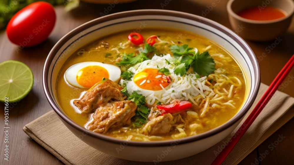 Delicious Asian noodle soup with egg herbs and chili Delicious Asian noodle soup with egg herbs and chili