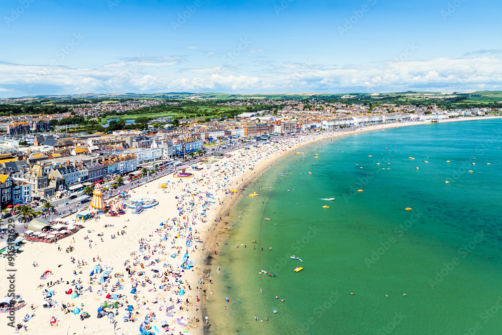 Weymouth Beachat summer from a drone, Esplanade, Weymouth, Dorset, England