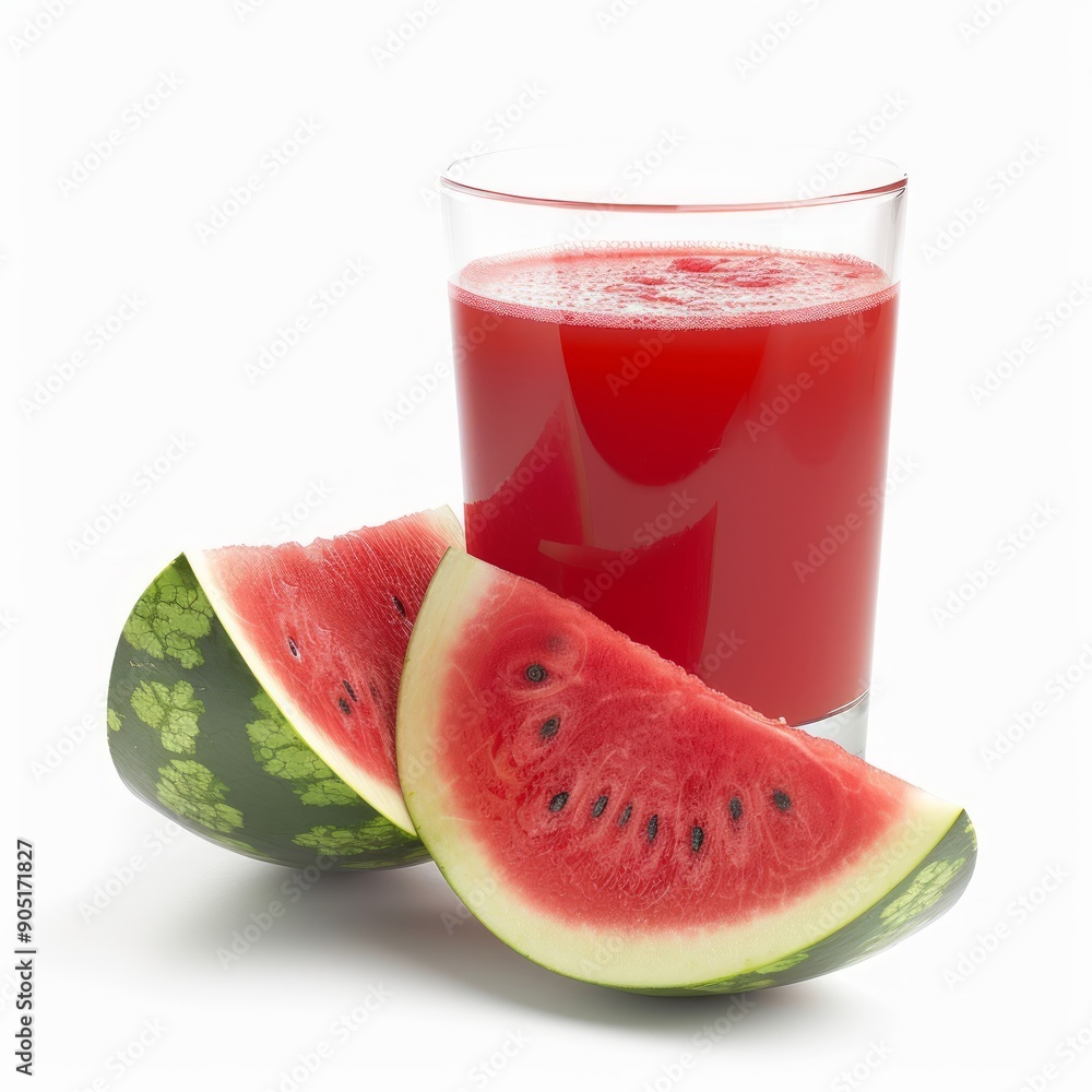 Medium shot of Glass of watermelon juice near the watermelon, isolated on a white background, Medium shot of Glass of watermelon juice near the watermelon, isolated on a white background,