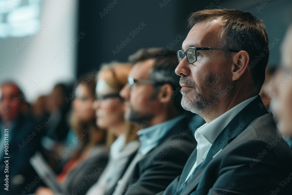 Group of business people at seminar, official meeting, people in business suits listening to speech Group of business people at seminar, official meeting, people in business suits listening to speech