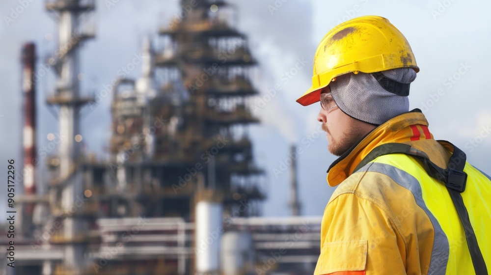 A worker in safety gear observes an industrial complex during sunset, highlighting the vastness of the facility against a colorful sky A worker in safety gear observes an industrial complex during sunset, highlighting the vastness of the facility against a colorful sky