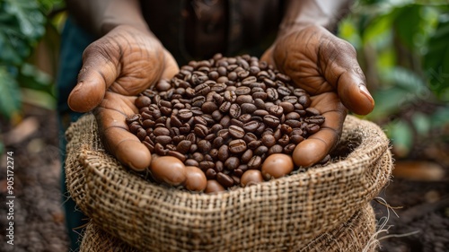 Fresh Coffee Beans in Hands - Handful of Roasted Coffee Beans Dropped Into a Burlap Sack - Perfect for Cafe, Coffee Shop, Poster Design