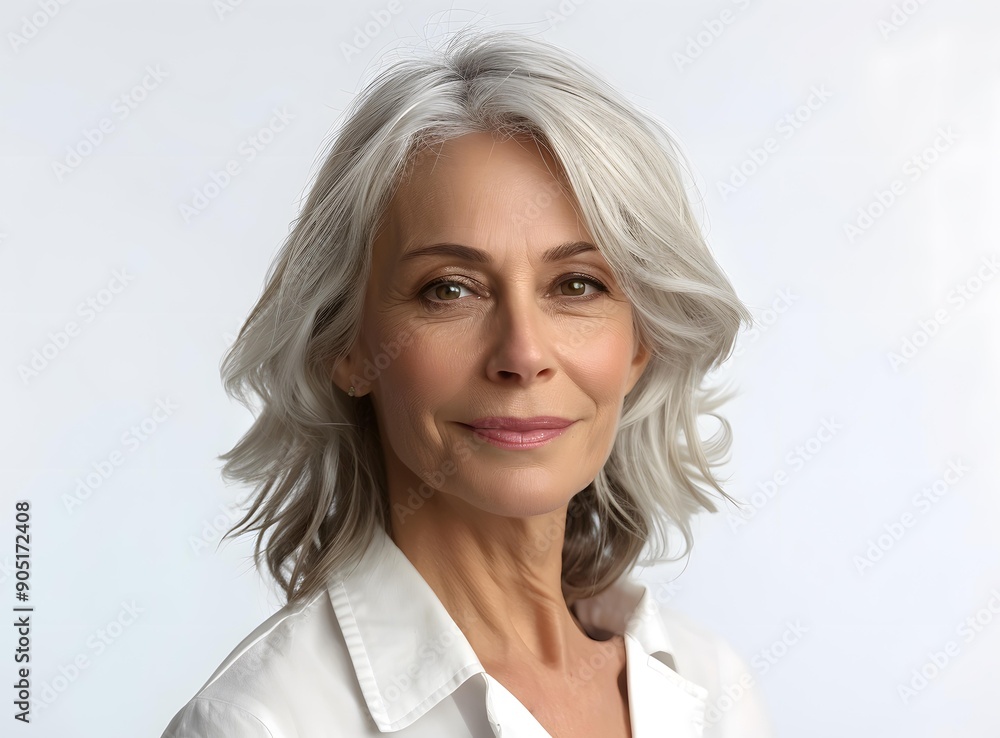 Portrait of a Mature Woman with Gray Hair and a White Shirt Portrait of a Mature Woman with Gray Hair and a White Shirt