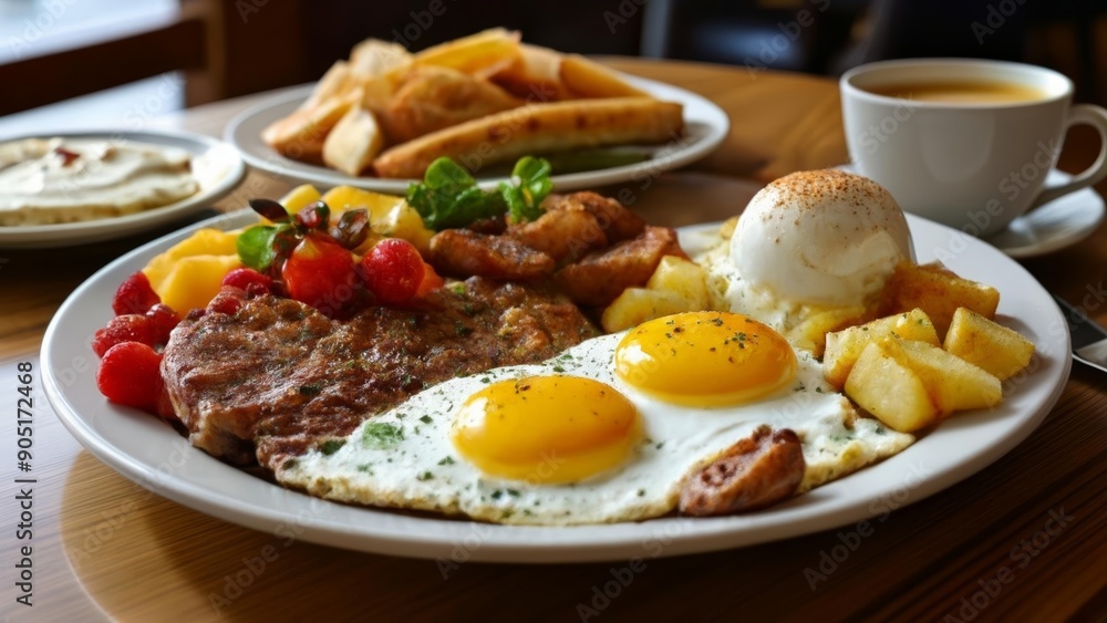 Delicious breakfast spread with eggs meat and potatoes Delicious breakfast spread with eggs meat and potatoes