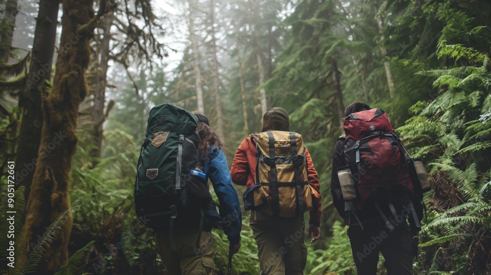Group of friends hiking in a forest, enjoying nature and the fresh air Group of friends hiking in a forest, enjoying nature and the fresh air