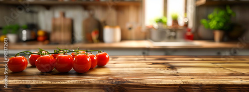 A wooden table with an empty space for product display, surrounded by ingredients like herbs and tomato photo