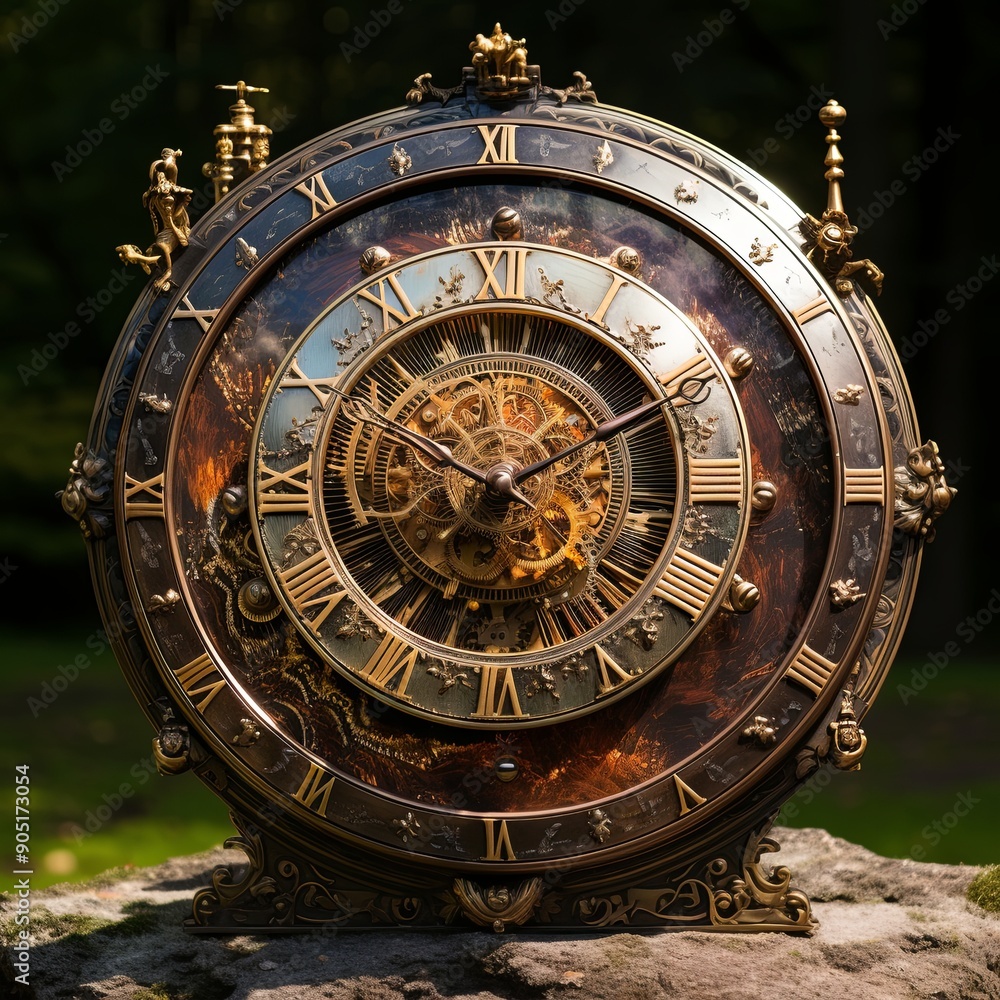 Obraz premium Antique brass clock face with beautiful golden patina, intricate exposed steel gears, elegant Roman numerals on sleek black brass background, encased in a warm brown wooden frame.