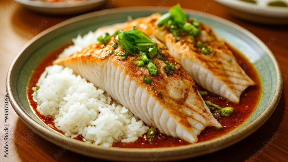 Deliciously cooked fish fillet with rice and sauce Deliciously cooked fish fillet with rice and sauce