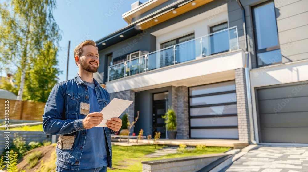 A man stands cheerfully outside his contemporary home, holding a document while enjoying the clear blue sky and lush greenery A man stands cheerfully outside his contemporary home, holding a document while enjoying the clear blue sky and lush greenery