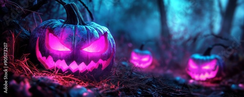 Eerie glowing pumpkins set against a misty backdrop, ideal for capturing the spooky spirit of Halloween nights.