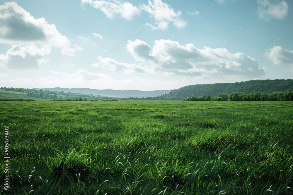 Lush Green Meadow Under a Blue Sky with Fluffy Clouds Lush Green Meadow Under a Blue Sky with Fluffy Clouds