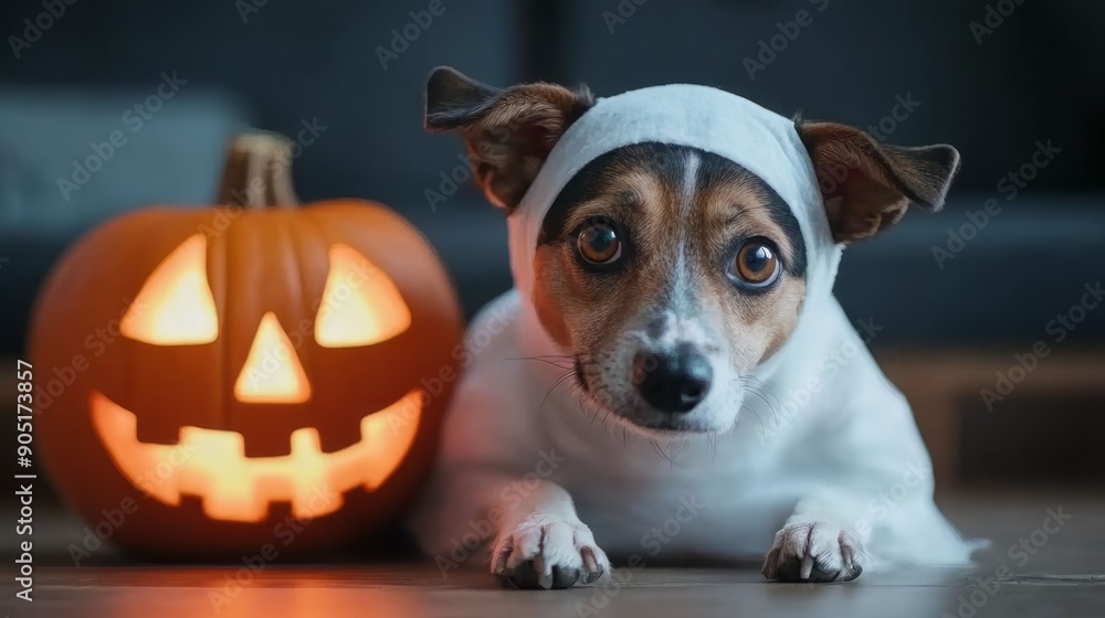 A cute dog dressed as a ghost for Halloween, lying beside a glowing pumpkin, creating a festive and playful atmosphere. A cute dog dressed as a ghost for Halloween, lying beside a glowing pumpkin, creating a festive and playful atmosphere.
