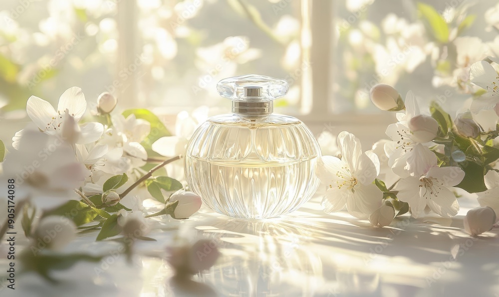 Elegant Perfume Bottle Amongst White Blossoms in Sunlit Setting Elegant Perfume Bottle Amongst White Blossoms in Sunlit Setting