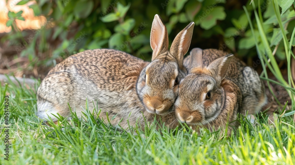 Fototapeta premium Two Cuddling Rabbits Resting on Green Grass in a Garden