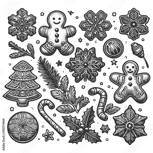 Christmas cookies and decorations, including gingerbread men, snowflakes, candy canes, and holly sketch engraving generative ai vector illustration. Scratch board imitation. Black and white image.