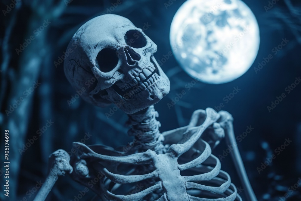 A spooky skeleton under a full moon, surrounded by dark trees, creating an eerie atmosphere and a sense of mystery. A spooky skeleton under a full moon, surrounded by dark trees, creating an eerie atmosphere and a sense of mystery.