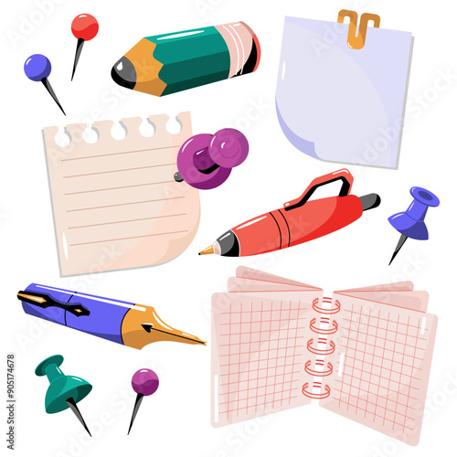 Stationery. Pins, paper clamps, pencil, fountain pen, pen, notebook. The paper is fixed by the clerical pin.