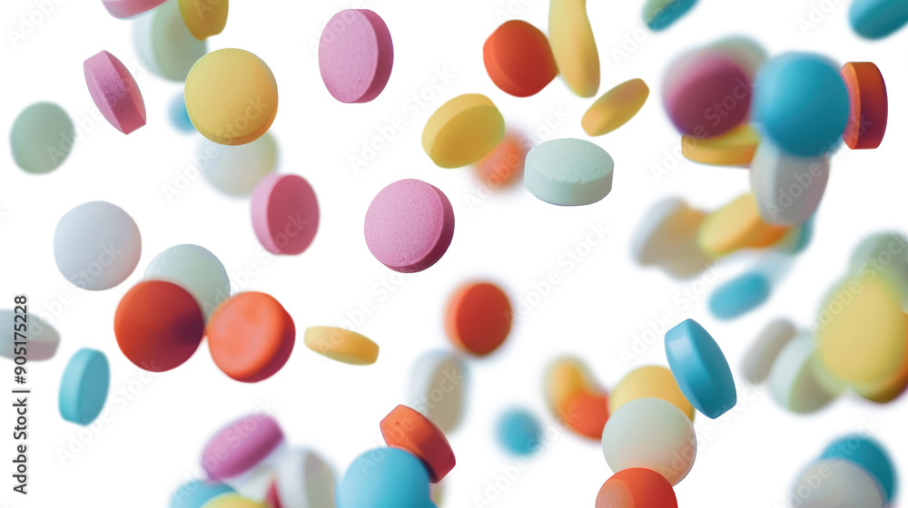 Many different pills falling on transparent background Many different pills falling on transparent background
