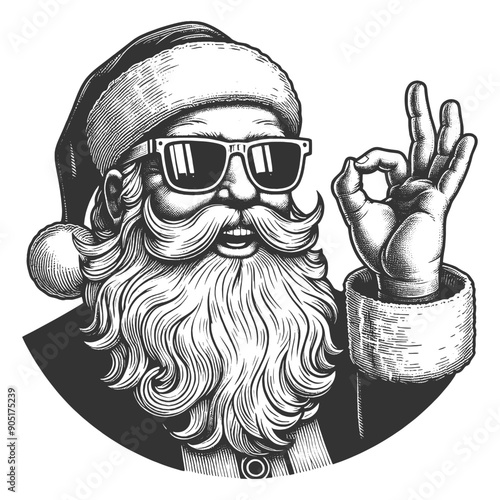 Santa Claus in sunglasses and OK hand sign, exuding coolness and holiday spirit sketch engraving generative ai fictional character vector illustration. Scratch board imitation. Black and white image.
