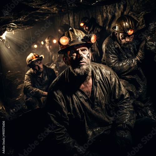 Coal miners in a dark mine shaft wear hard hats with headlamps, looking at the camera. The headlamps provide light in the dark environment, illuminating the coal around them.