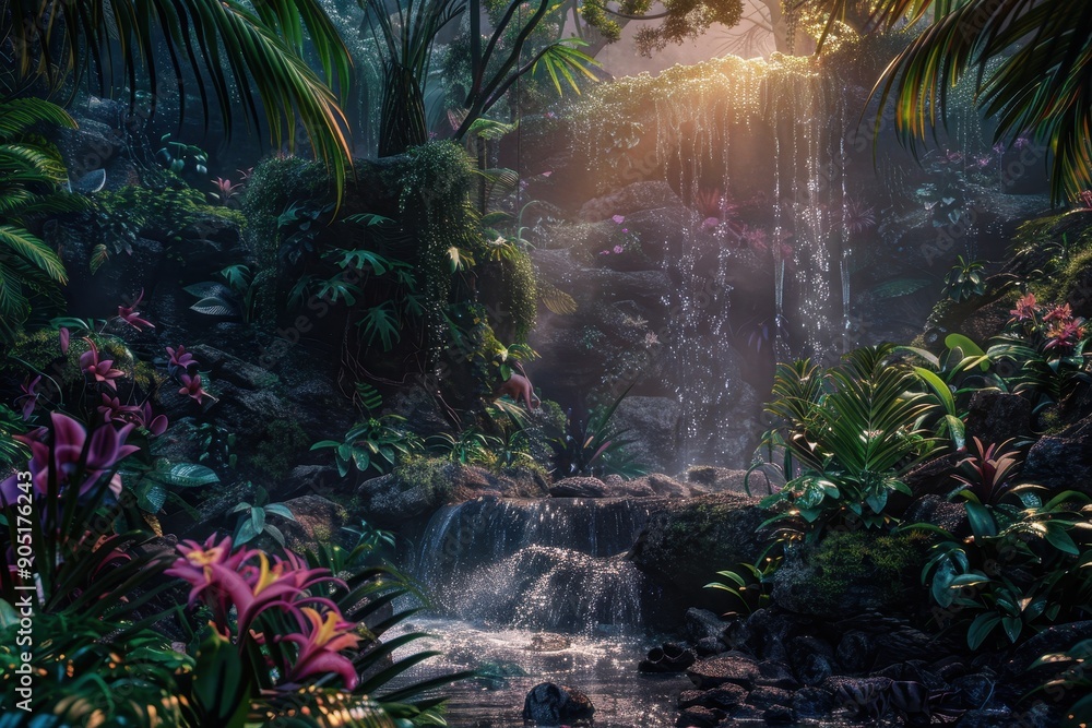 Obraz premium Lush Tropical Rainforest with Waterfall and Sunlight