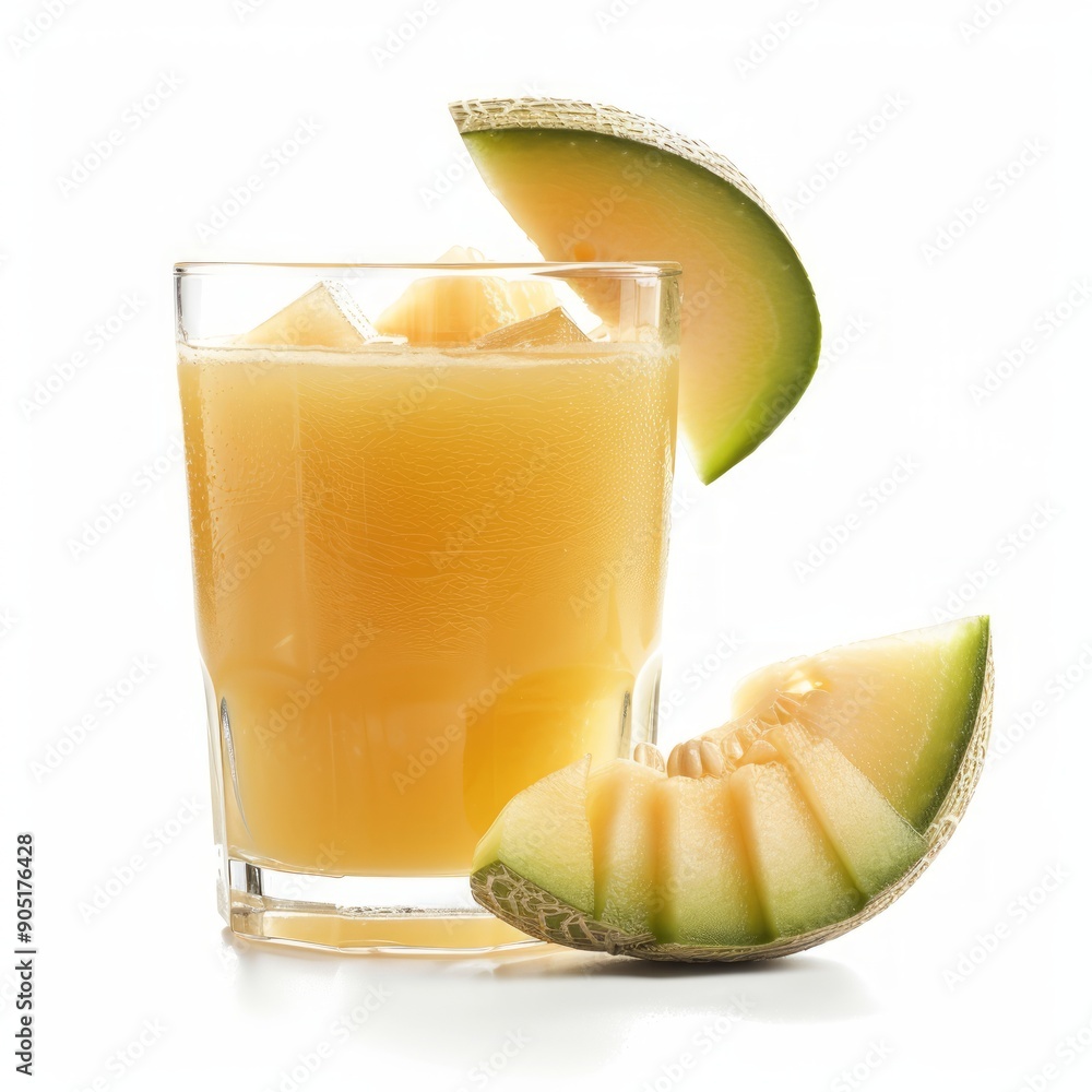 Medium shot of Glass of Canary Melon juice near the Canary Melon, Medium shot of Glass of Canary Melon juice near the Canary Melon,