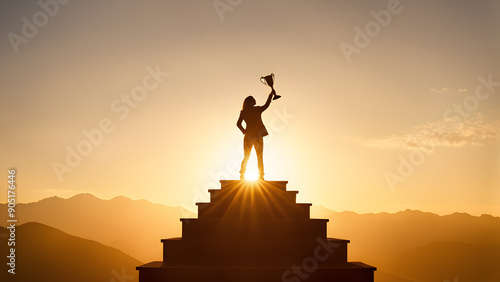Silhouette businesswoman holding trophy and rise it up standing on top of stair against sunset and mountain range view. concept of woman power, business success, leadership, target goal achieve, win