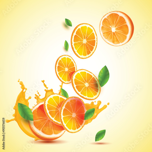 Fresh Half Orange Fruits with slice with splash Yellow Background Vector