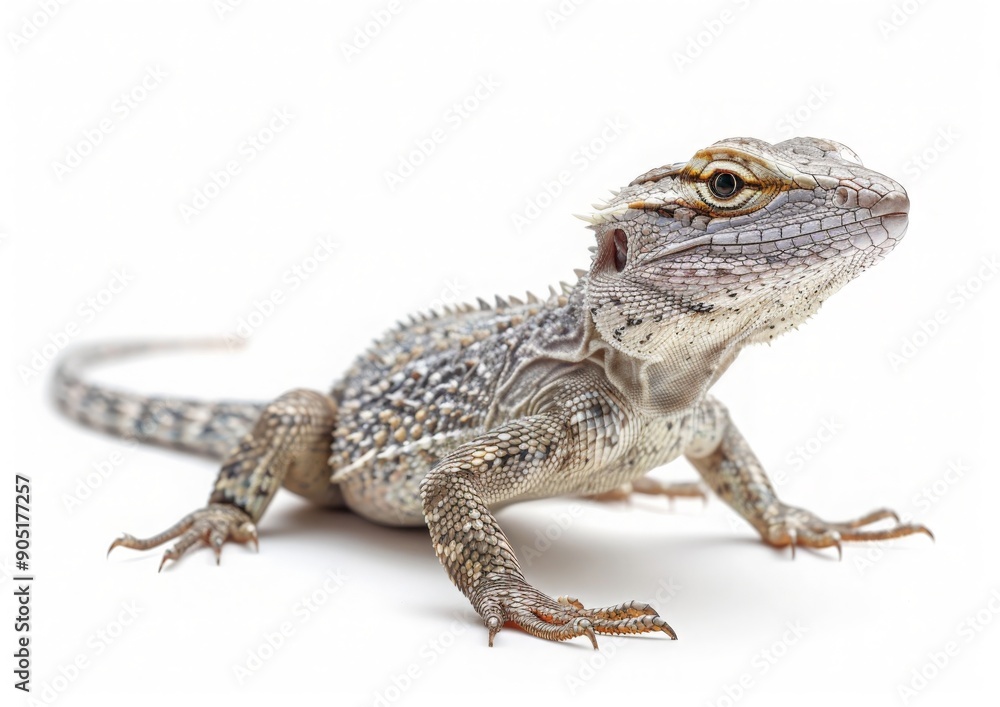 Obraz premium Close-up portrait of lizard, rendered in a polygonal style, is isolated on a white background. Iizards detailed scales and intricate patterns are visible in the polygonal art style