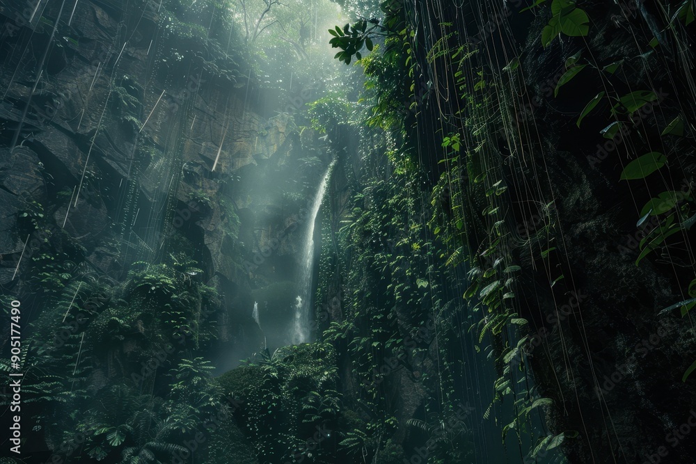 Obraz premium Waterfall Cascading Through Lush Green Rainforest Canyon