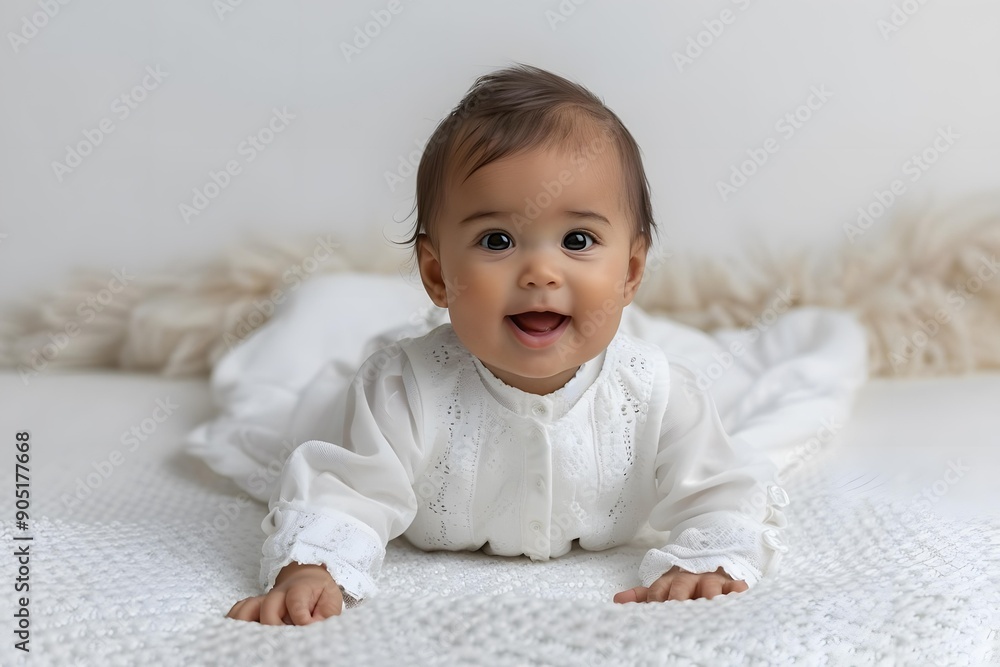 An adorable baby girl wearing a white dress is lying on a white blanket and smiling at the camera An adorable baby girl wearing a white dress is lying on a white blanket and smiling at the camera
