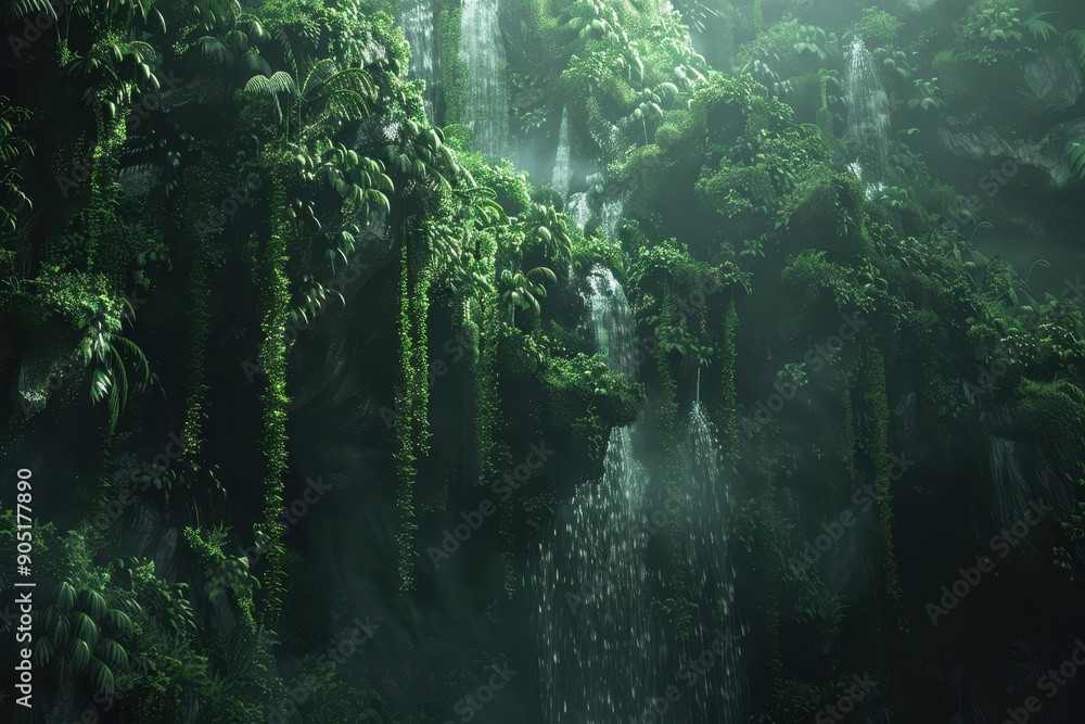 Lush Green Waterfall Cascading Through Dense Foliage Lush Green Waterfall Cascading Through Dense Foliage