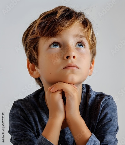 Young boy with blue eyes looking up hopefully