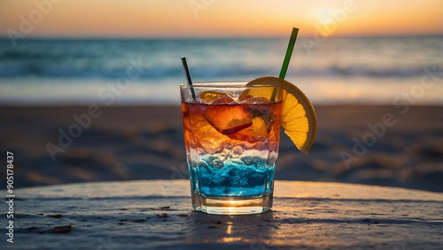 A refreshing tropical cocktail on the beach during a summer vacation