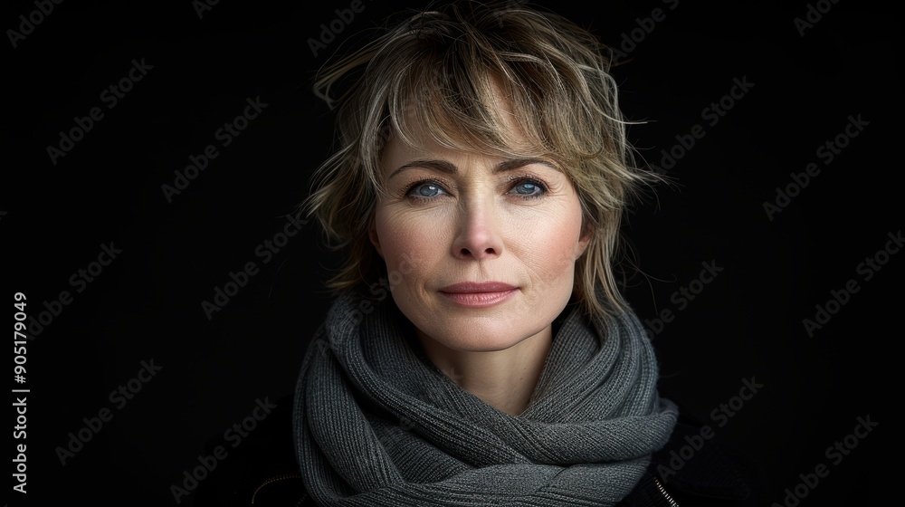 A striking and intimate portrait of a middle-aged woman with blue eyes, wrapped in a gray scarf, against a dark background, showcasing her natural beauty and contemplative expression A striking and intimate portrait of a middle-aged woman with blue eyes, wrapped in a gray scarf, against a dark background, showcasing her natural beauty and contemplative expression